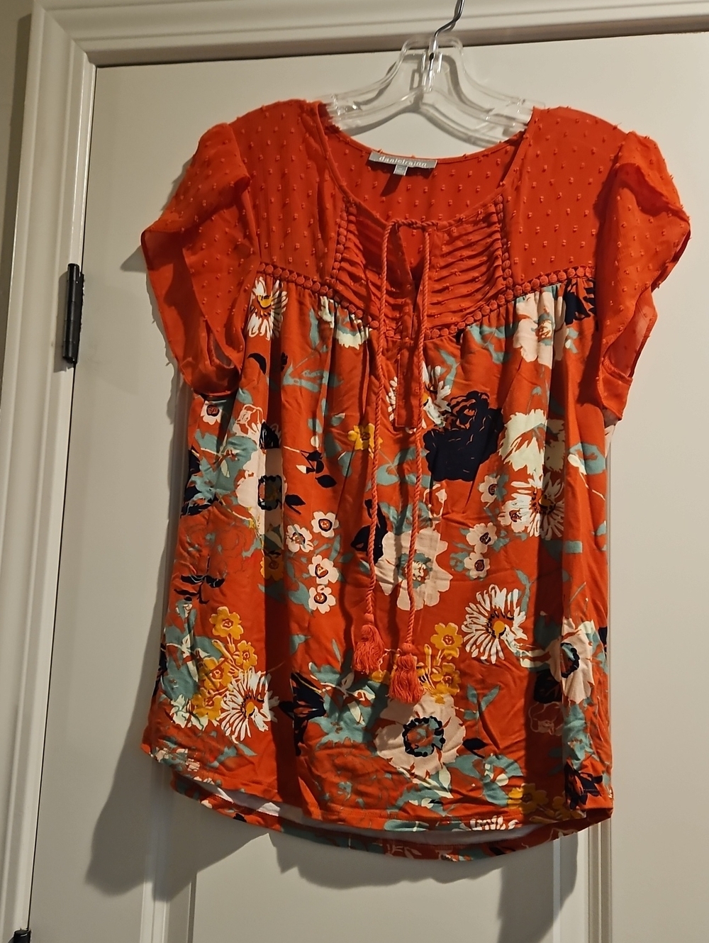 Daniel Rainn Orange Floral Tie-Front Blouse